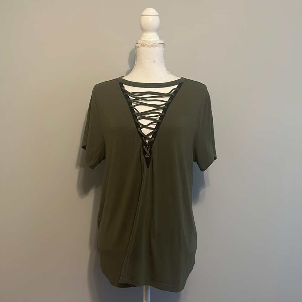 Express top with lace up neckline, green and black, fits M,L, or XL